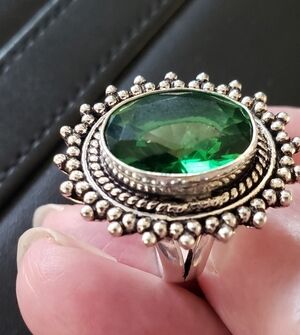 SOLID STERLING Emerald Quartz Ring, Stamped, Statement Ring, Faceted, Deep Color